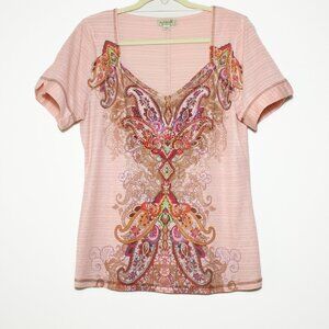 One World Y2K Womens Embellished Top Peach Metallic Stripe Graphic Size Large L